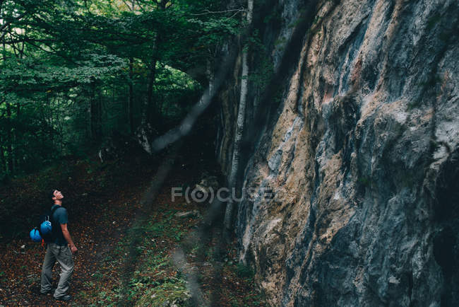 Escalador olhando para o penhasco na floresta — Fotografia de Stock