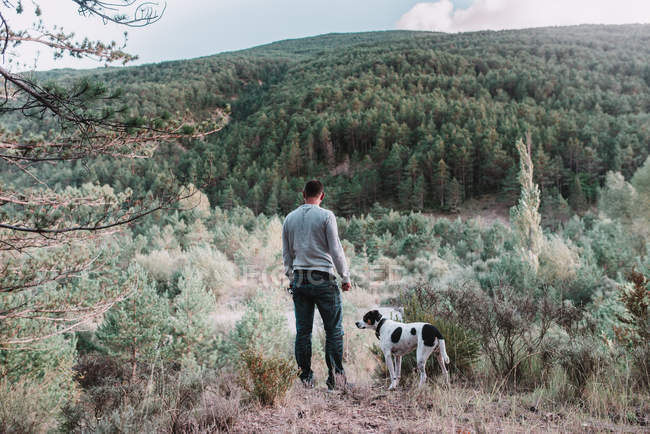 Чоловік з собакою, що йде в лісі — стокове фото