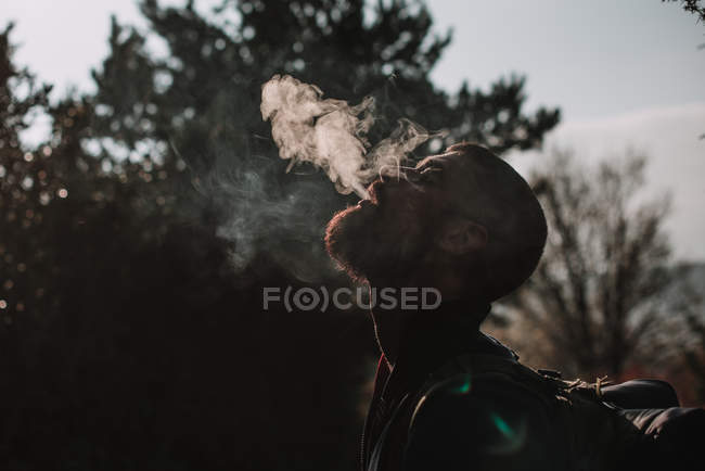 Hombre barbudo fumando en el bosque - foto de stock
