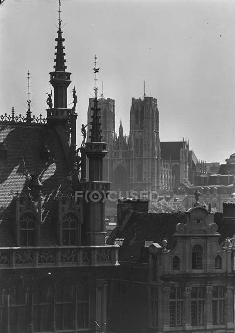 Fotografia em preto e branco da arquitectura tradicional e do antigo castelo de pedra, Bélgica . — Fotografia de Stock