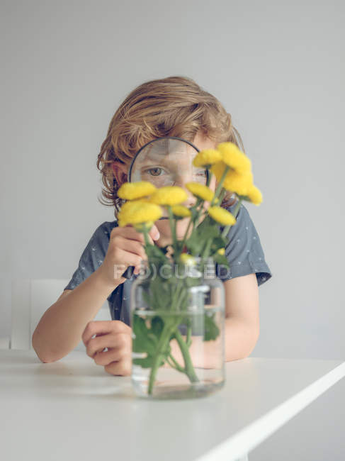 Мальчик с увеличительным стеклом смотрит на одуванчики — стоковое фото