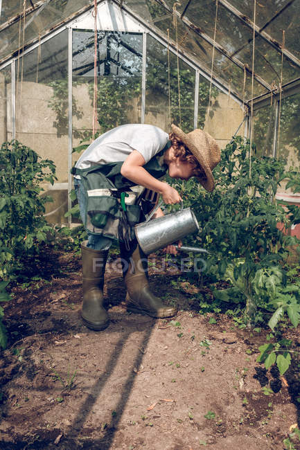 Menino regando plantas em estufa — Fotografia de Stock