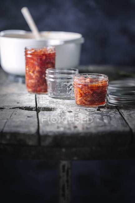 Jars with red orange jam — Stock Photo