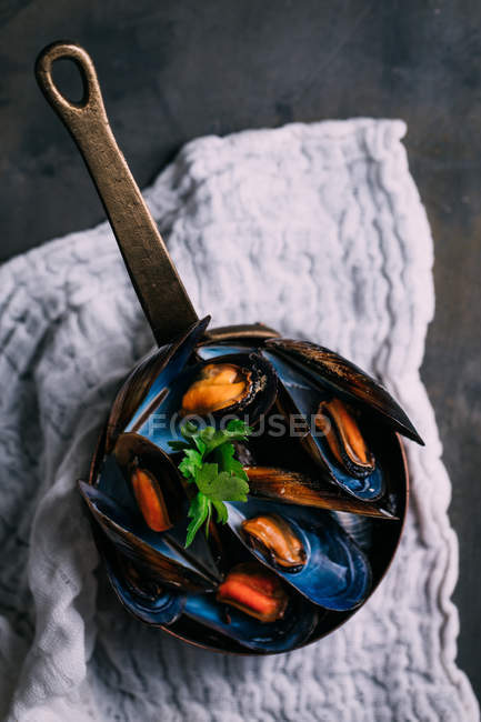 Moules fraîches bouillies dans une casserole — Photo de stock