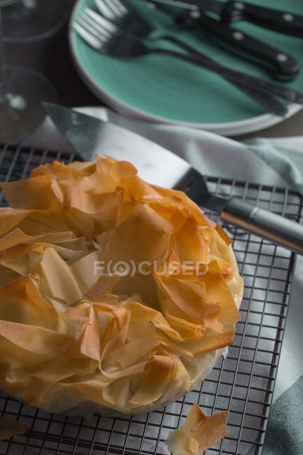 Traditional greek spinach pie spanakopita on baking rack — Stock Photo