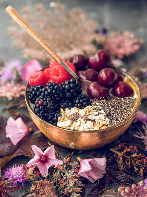 Breakfast with berries in bowl — Stock Photo