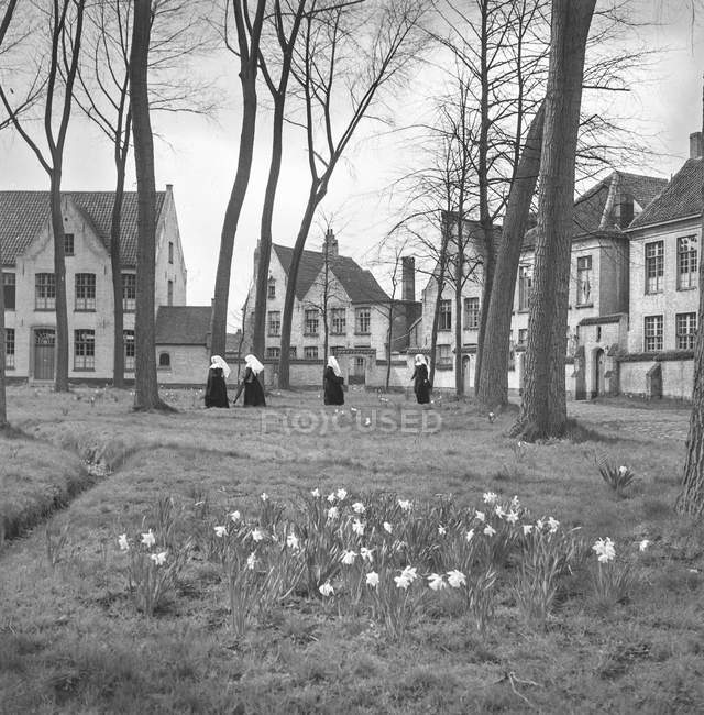 Colpo in bianco e nero di suore in camici neri passeggiando sul prato nel parco cittadino con vecchia architettura, Belgio
. — Foto stock