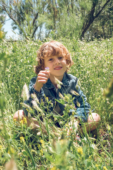 Elementary age boy sitting in wildflowers field and holding plant. — Stock Photo