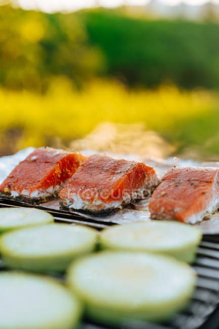 Morceaux de saumon et de courgette avec feuille sur grille de gril à l'extérieur — Photo de stock