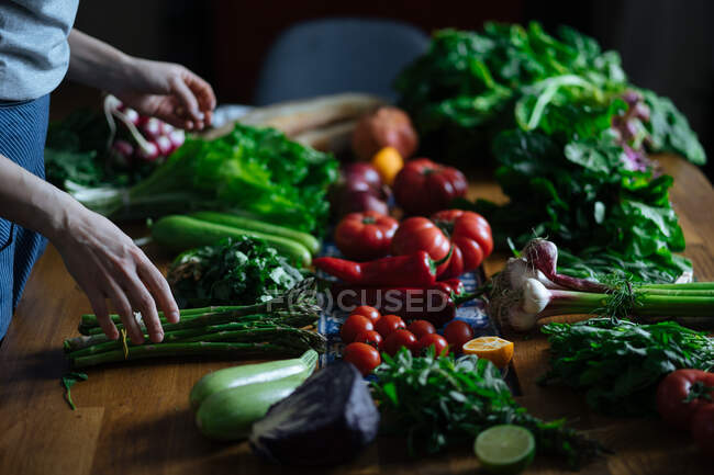 Schnittansicht weiblicher Hände, die Potherbs von einem eleganten Tisch mit frischen gesunden Gemüse- und Obstzutaten von oben holen — Stockfoto