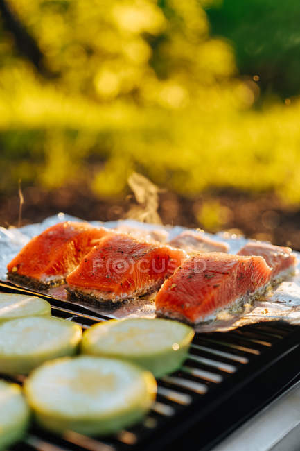 Peças de salmão e abobrinha com folha na grelha ao ar livre — Fotografia de Stock