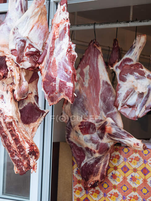 Carnicería, carne, cerdo, cuchillo, comida, doméstica, cruda, carne de res, corte, - foto de stock