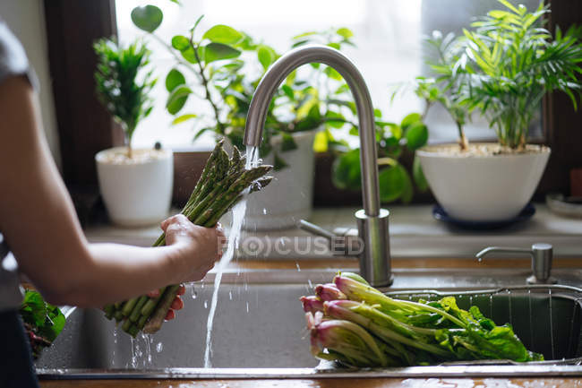 Manos femeninas lavando espárragos verdes frescos en fregadero de cocina - foto de stock