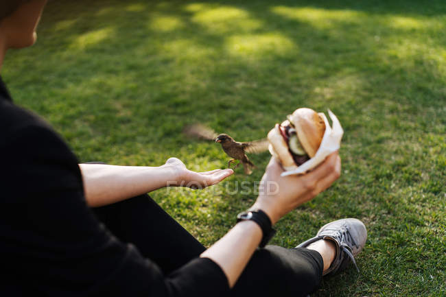 Frau sitzt auf grünem Gras im Park mit Imbiss-Burger und Spatzenfutter — Stockfoto