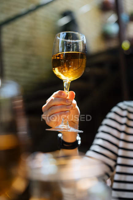 Primer plano de la mano femenina sosteniendo vaso de vino blanco - foto de stock