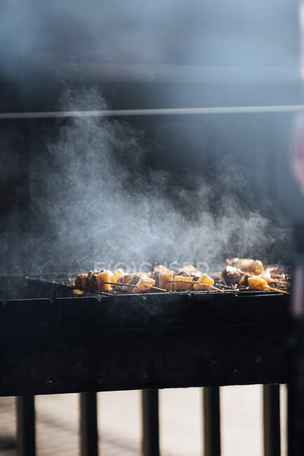 Galettes de viande au fromage sur le barbecue fumeur au soleil — Photo de stock