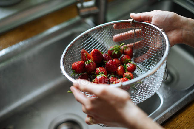 Human hands holding strainer of fresh strawberries over sink in kitchen — Stock Photo