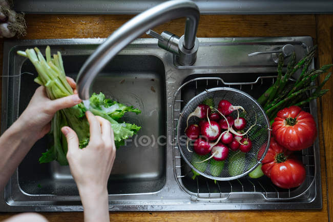 Mãos lavando verduras frescas na pia de cozinha — Fotografia de Stock