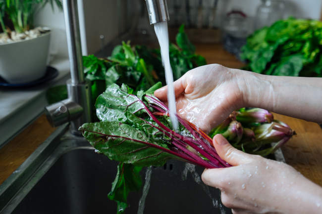 Hände waschen frisches Gemüse und Gemüse in der Spüle — Stockfoto