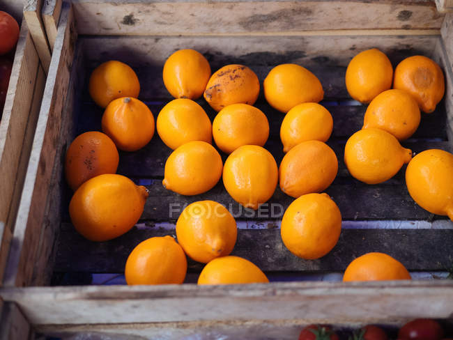 Citrons frais mûrs dans une boîte en bois — Photo de stock