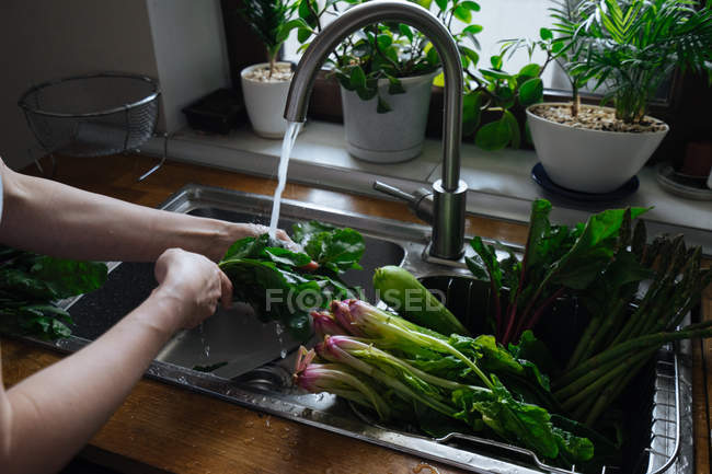 Manos lavando verduras frescas en fregadero de cocina - foto de stock