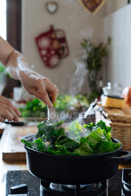 Человеческие руки перемешивая листья шпината в кастрюле на газовой плите — стоковое фото