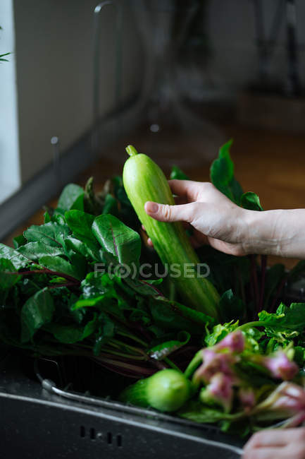 Lavare a mano verdure fresche nel lavello della cucina — Foto stock