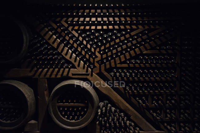 Delicada elegante bóveda de vino llena de botellas que yacen en estantes de madera oscura con luz que brilla desde arriba - foto de stock
