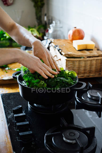Mãos humanas colocando folhas de espinafre em panela no fogão a gás — Fotografia de Stock
