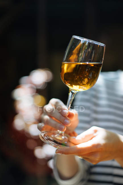 Primo piano di mani femminili che tengono il bicchiere di vino bianco — Foto stock