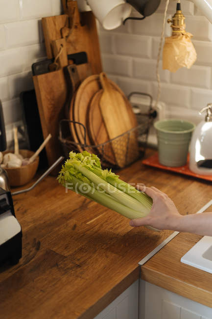 Female hand holding fresh green celery bunch on wooden tabletop — Stock Photo