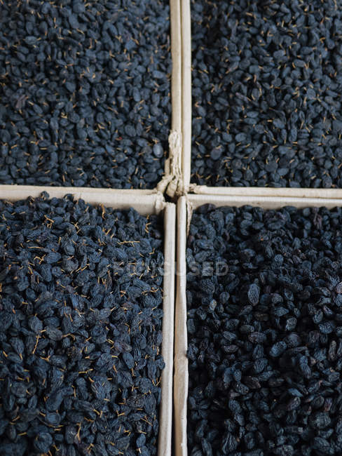 Ящики с черным изюмом на фермерском рынке — стоковое фото