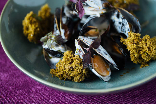 Северное блюдо из морепродуктов с мидиями и сливочным соусом на тарелке — стоковое фото