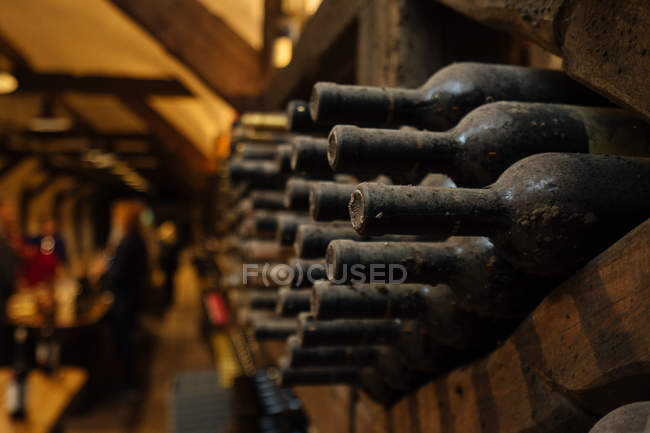 Cofre de vinho cheio de garrafas em prateleiras de madeira escura — Fotografia de Stock