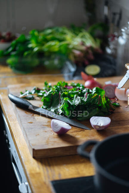 Cortar as mãos femininas cortando folhas verdes de ervas em tábua de corte de madeira na mesa com fogão nas proximidades — Fotografia de Stock