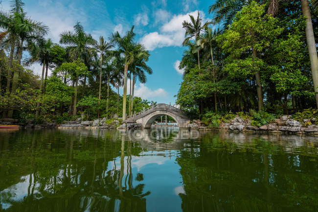 Pont oriental en pierre sur le lac dans un parc tropical, Nanning, Chine — Photo de stock