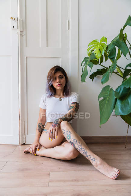 Красива татуйована жінка в футболці дивиться на камеру, сидячи на дерев'яній підлозі — стокове фото