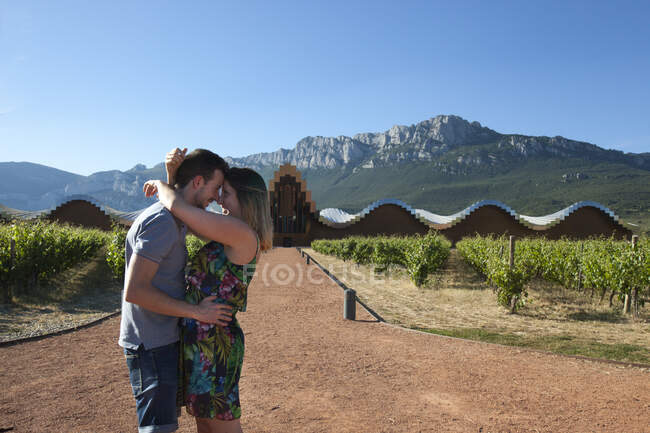 Vid Sboku Vlyublennoj Pary Stoyashej Na Doroge S Zelenoj Plantaciej Vinograda Na Fone Golubogo Neba I Gor Mbappe Lyudi Stock Photo 216964264