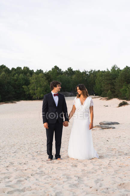Прогулочная свадебная пара на живописном побережье — стоковое фото
