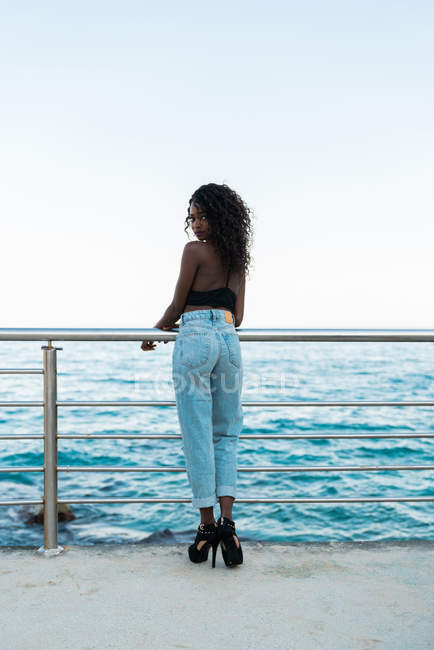 Стильна чорна жінка в старовинних джинсах з високою талією і зверху спирається на паркан біля моря — стокове фото