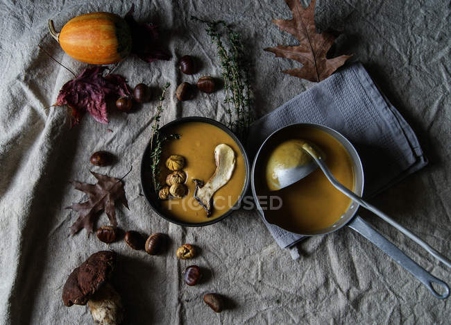 Soupe à la crème de citrouille dans un bol avec casserole et louche sur tissu rustique — Photo de stock