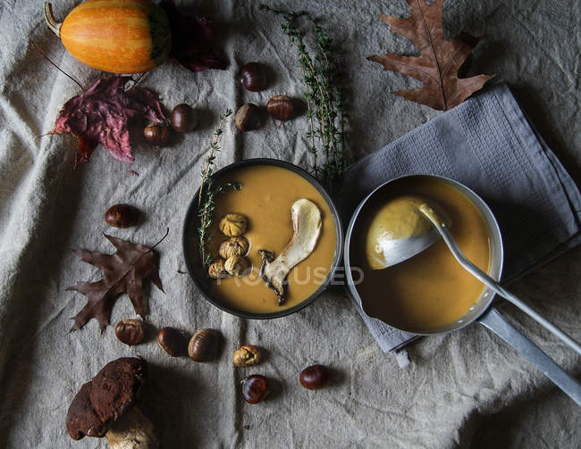 Zuppa di crema di zucca in ciotola con pentola e mestolo su tessuto rustico — Foto stock