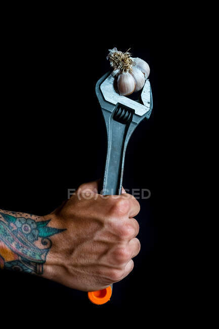 An unknown hand holding a garlic with a wrench in a black background. — Stock Photo