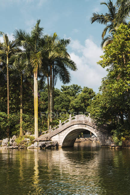 Stone oriental bridge on lake in tropical park, Nanning, China — Stock Photo