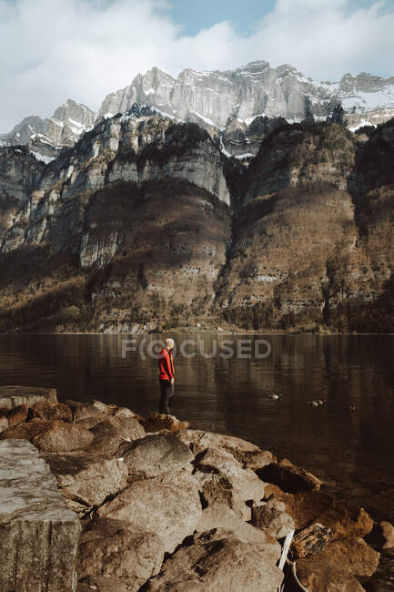 Seitenansicht eines erwachsenen Touristen, der am ruhigen See in den Bergen steht. — Stockfoto
