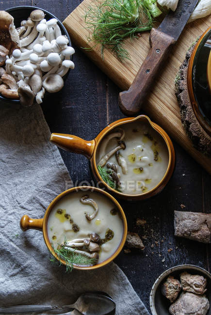 Servito in ciotole gustosa crema di funghi su tavolo rustico in legno con ingredienti — Foto stock
