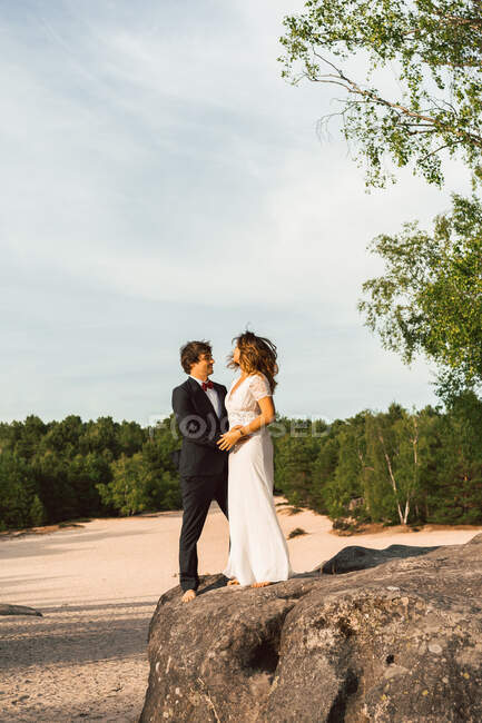 Vista a distancia de la pareja en vestidos de novia de pie en la roca y abrazándose felizmente contra árboles verdes y el cielo azul - foto de stock