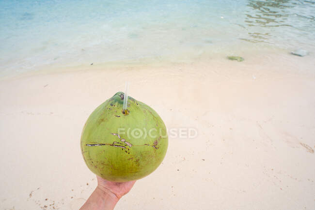 Кукурудзяний чоловік тримає зелений кокос на пляжі — стокове фото