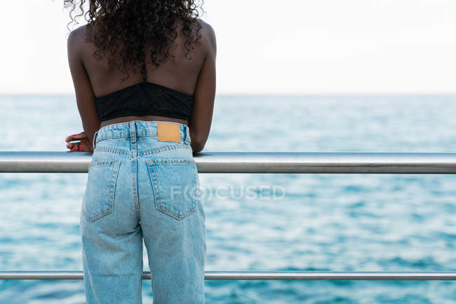 Femme noire élégante en jean taille haute vintage et haut appuyé sur une clôture près de la mer — Photo de stock