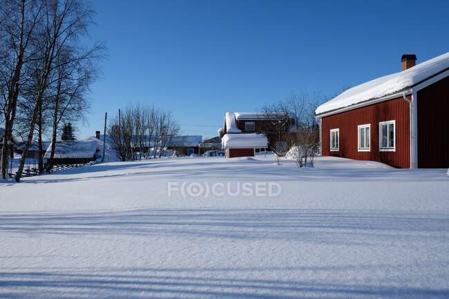 Pequeñas casas oscuras de la aldea nórdica de pie cerca del bosque en invierno. - foto de stock